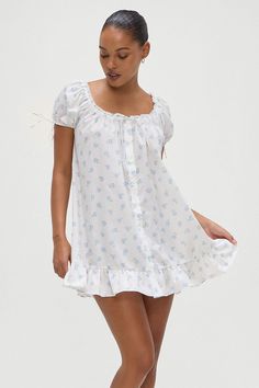 Starlet Poplin Mini Dress in Periwinkle Blue and White Floral Print Pink Babydoll Dress, Off Shoulder Design, Babydoll Mini Dress, Summer 2025, Babydoll Style, Frankies Bikinis, 2025 Fashion, January 25, Tie Sleeve