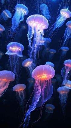 many jellyfish are glowing in the dark water