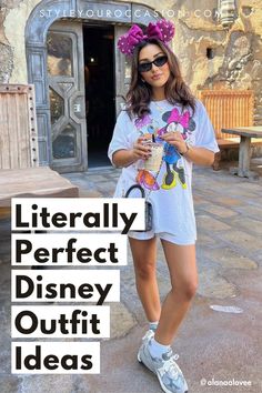 a woman standing in front of a building with the words literally perfect disney outfit ideas