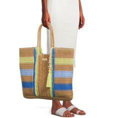 This Raffia Tote From Time And Tru Is A Great Addition To Any Closet! The Large Main Compartment Allows You To Be Able To Carry All Of Your Essentials. The Straw Material, Tassel Detail, And Unique Design Help This Tote Stand Out In Style! * Material: 100% Raffia Paper * Care: Spot Clean * Country Of Origin: Imported * Dimensions: 4 3/4'' W X 11 1/4'' H * Handle Type: Tote Handle * Closure: Top Zip Closure * Exterior Details: Woven Straw In Multicolor Stripes; Tassel Detail With Faux Pearls, She Straw Crochet Bag With Adjustable Strap For Shopping, Shopping Crochet Straw Bag With Adjustable Strap, Straw Beach Bag For Shopping, Shopping Crochet Bag With Braided Handles, Eco-friendly Crochet Shopping Bag, Green Straw Bag For Shopping, Chic Multicolor Crochet Bag With Braided Handles, Multicolor Straw Bags With Leather Handles, Multicolor Straw Crochet Bag For Shopping