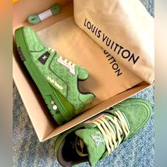 Louis Vuitton Green Men Shoes Shoe Lover Gifts Men, Louis Vuitton Hey Dudes, Luxury Green Custom Sneakers For Streetwear, Louis Vuitton High Tops, Louis Vuitton Loafers, Avocado Color, Louis Vuitton Trainers, Nike Original, Louis Vuitton Sandals