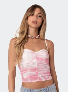 this is a screenshot from the edikted website. Concert Tops, Pink Mesh Top, Concert Top, Cropped Camisole, Knitted Tops, Strapless Tops, Sweetheart Neck, Cami Tanks, Hoodie Top