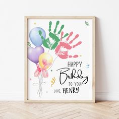 Birthday Handprint Art | Handprint Birthday Card | Ollie + Hank Happy Birthday Hand Print Art, Happy Birthday Footprint Art, Baby Birthday Crafts, Handprint Birthday Card, Birthday Handprint Art, Birthday Handprint, Mimi Birthday, Birthday Cards To Print, Birthday Painting