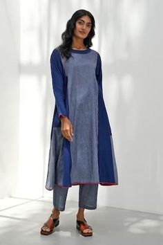 Navy blue handloom cotton A-line tunic with striped patchwork and side gathered panel detailing. - Aza Fashions Payal Pratap, Tunic With Pants, Athena Dresses, Striped Print Dresses, Embroidery Hand, Thread Embroidery, Striped Fabrics, Womens Tunics, Navy Stripes