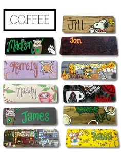 several different types of skateboards with the words coffee written on one side and various designs on the other