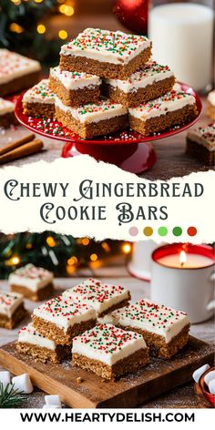 chewy gingerbread cookie bars with white frosting and sprinkles on top