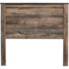 the headboard is made from wood and has metal trimmings on each side