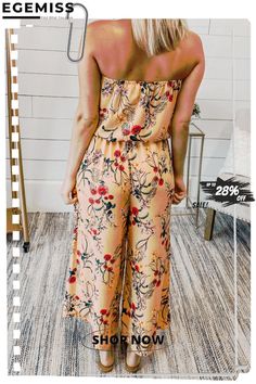 Casual Print Split Joint Strapless Straight Jumpsuits Spring Vacation Bandeau Jumpsuits And Rompers, Bandeau Jumpsuits And Rompers For Summer Day Out, Summer Bandeau Jumpsuits And Rompers For A Day Out, Strapless Jumpsuit For Spring Day Out, Summer Bandeau Jumpsuit For Day Out, Casual Bandeau Jumpsuits And Rompers For Vacation, Summer Floral Print Jumpsuits And Rompers For Date Night, Spring Floral Print Jumpsuits And Rompers For Date Night, Bandeau Jumpsuits And Rompers For Summer Vacation