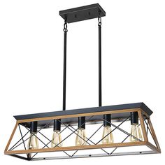 a rectangular light fixture with three lights hanging from it's sides and an open metal frame