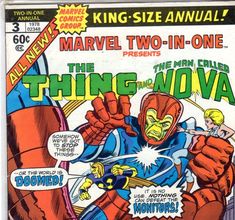 an old comic book cover for the thing - o - voa, featuring iron man