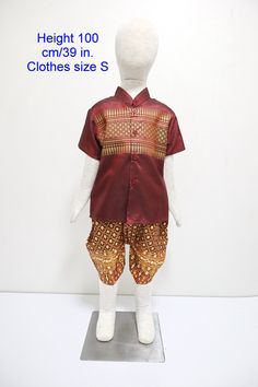 This item is original Thailand costume for kids. mandarin collar short sleeves shirt and a finished Thai trousers called Jongkraben with elephants brocade waistband. Occasions: Thai/Lao/Cambodia new years, attended Thai wedding, Thailand exhibition, Thai fair, Songkran festival, Loy krathong festival, attended the temple ceremony, making merit etc. There are available in 6 size see details as follow. The set consists of 1.A readymade trousers / Jongkraben. The pants can be adjusted by elastic, n Short Sleeve Traditional Wear For Eid, Traditional Short Sleeve Wear For Festivals, Short Sleeve Traditional Wear For Festivals, Festival Traditional Wear With Short Sleeves, Festive Short Sleeve Traditional Wear, Fitted Traditional Set With Short Sleeves, Traditional Short Sleeve Sets For Diwali, Traditional Red Short Sleeve Set, Red Short Sleeve Sets For Festivals