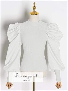 Women White Ribbed top with Long Puff Ruched Sleeve O Neck Blouse casual style Fitted Blouse With Elastic Sleeves For Fall, Fall Billowy Puff Sleeve Top With Elastic Sleeves, Stretch Puff Sleeve Top For Fall, Puff Sleeve Long Sleeve Top With Ruffles, Long Sleeve Puff Sleeve Top With Ruffles, Long Sleeve Puff Top With Ruffles, Ruffled Long Sleeve Puff Sleeve Top, Fitted Blouse With Elastic Lantern Sleeves, Fitted Blouse With Lantern Sleeves And Elastic Details