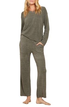 You won't even need a bed to slumber peacefully in luxurious comfort with these ultrasoft, lightweight pajamas boasting a cozy sweater and matching pants. 24 1/2" top length; 30" inseam; 19" leg opening; 10 1/2" front rise; 15" back rise (size Medium) Top has V-neck; long sleeves; ribbed cuffs and hem Pants have front patch pockets 71% nylon, 29% viscose Machine wash, tumble dry Imported Knit Pajamas, Winter Sleepwear, Hem Pants, Boho Style Outfits, How To Hem Pants, Matching Pants, Olive Branch, Cozy Sweater, Free Fabric