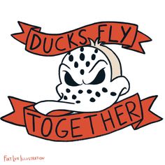 a drawing of a cartoon character with an orange ribbon around his neck and the words ducks fly together