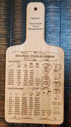 a wooden cutting board with instructions for kitchen conversions on it's side