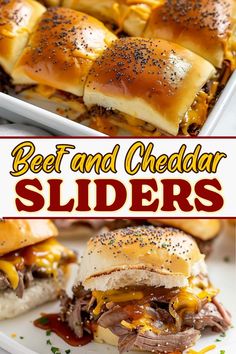 beef and cheddar sliders on a white plate with the title above it