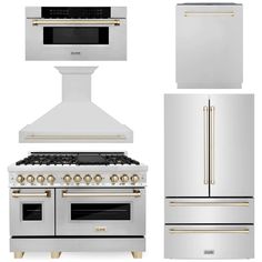 ZLINE Autograph Package - 48 In. Dual Fuel Range, Range Hood, Refrigerator, Microwave and Dishwasher in Stainless Steel with Gold Accents White Oven Gold Handles, Oven Range Hood, House Appliances, Zline Autograph Edition, Refrigerator With Ice Maker, Coastal Farmhouse Kitchen, Zline Kitchen, White Oven, Large Fridge