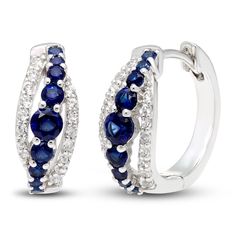 Blue/White Lab-Created Sapphire Hoop Earrings Sterling Silver|Kay Formal Blue Hoop Earrings With Prong Setting, Blue Round Hoop Earrings For Anniversary, Blue Hoop Earrings With Prong Setting For Anniversary, Blue Hoop Earrings With Prong Setting, Blue Cubic Zirconia Hoop Earrings For Anniversary, Blue Diamond Round Hoop Earrings, Elegant Sapphire Hoop Earrings With Prong Setting, Blue Diamond Hoop Earrings, Elegant Sapphire Hoop Earrings