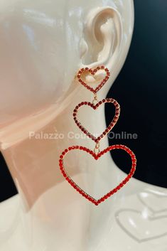 Trilove Earring Hanging Hearts (Red) One Size / Red Earrings Hanging Hearts, Rhinestone Earrings, Monday Friday, Ships, Red