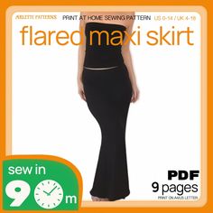 a woman in a black dress is featured on the cover of flared midi skirt sewing pattern