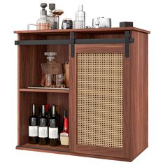 a wooden cabinet filled with bottles and glasses