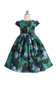 Swathed in a beautiful watercolor floral print and crafted from smooth mikado fabric, this dress is sure to impress. The elegant cut and simple silhouette make it perfect for everything from a picnic to a special event. Comes in 3 gorgeous colors and features cap sleeves, a pleated skirt, and a sash tie. Designer and Style Number: AS546 Kids Dream Fabric and Details: 100% Mikado Polyester, Lining: 100% Polyester, Dry Clean, Zip Fastening, Knee Length, Made in USA Colors: Royal Blue, Baby Blue, G Spring Satin Dress For Dress-up Occasions, Summer Satin Dress For Dress-up Occasions, Green Floral Print Dress For Dress-up Occasions, Green Floral Print Dress For Dress-up, Sleeveless Floral Print Dress For Dress-up, Elegant Floral Print Dress For Dress-up, Green Satin Dress For Garden Party, Green Floral Print Satin Dress, Green Satin Dress With Floral Print