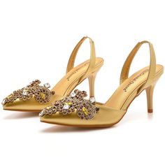 Details: Style: simple Embellishment: Rhinestone Heels Type: Stiletto Heel height: 7.5cm Closure Type: Slingback Toe: Pointed Toe Upper Material: PU Leather Sole Material: PVC Lining Material: PU Leather Gold Slingback Pumps With 4-inch Heel For Party, Gold Embellished Slingback Pumps For Evening, Gold Pointed Toe Sandals With Rhinestones, Gold Rhinestone Pointed Toe Sandals, Gold Embellished Slingback Pumps For Formal Occasions, Glamorous Embellished Gold Slingback Pumps, Glamorous Gold Embellished Slingback Pumps, Gold Low Heel Slingback Pumps For Party, Gold High Heel Slingback Pumps For Party