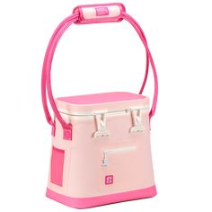 a pink and white cooler bag with handles on the handle, sitting against a white background