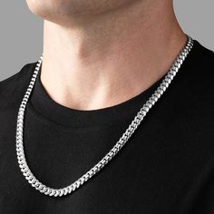 Resonate Power and Luxury with our Italian-crafted, solid Sterling Silver 7mm Miami Cuban Link Chain - finished with a protective rhodium overlay. This iconic men's silver chain is the ultimate, must-have daily wear silver necklace for men. It combines timeless elegance with modern masculinity, featuring thick, meticulously crafted links with the perfect weight and shine. It's a piece you'll wear day after day and never want to take off. MATERIALS & SPECS This 7mm silver chain bears the .925 and Luxury Silver Cuban Link Chain Necklace, Stainless Steel Cuban Link Silver Chain Necklace, Luxury Silver Men's Chain Necklace, Streetwear Cuban Link Silver Chain Necklace, Silver Necklace For Men, Miami Cuban Link Chain, Mens Silver Chain Necklace Jewelry1000.com, Miami Cuban Link, Silver Chain For Men