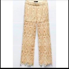 High Waiated Crochet Pant With Elastic Waistband And Interior Lining Matching Vest Is Size Small It Runs Big Summer Bottoms With Lace Trim And Non-stretch Fit, High Waist Lace Pants For Spring, Bohemian Bottoms With Lace Trim For Party, Bohemian Party Bottoms With Lace Trim, Casual Party Bottoms With Lace Trim, Beige Lace Bottoms For Spring, Spring Lace Beige Bottoms, Spring Beige Lace Bottoms, Non-stretch Lace Pants For Spring