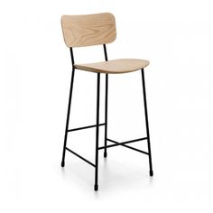 a wooden stool with black legs and a seat that is bent to the side, against a white background