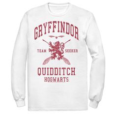 a white sweatshirt with the words greyfindor team seeker quidditch hogwartts on it