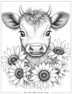 a black and white drawing of a cow with sunflowers