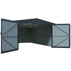 an overhead garage door with the doors open and one side opened to reveal it's interior