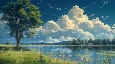 a painting of a lake with trees and clouds in the sky above it, surrounded by grass and wildflowers