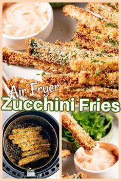 air fryer zucchini fries with dipping sauce in the middle and on the side