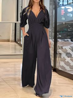 Orcajump - Solid Pleated V-neck Loose Jumpsuit, Elegant Puff Sleeve Jumpsuit For Spring & Summer, Women's Clothing V-neck Jumpsuits And Rompers With Pockets For Night Out, V-neck Jumpsuit With Pockets For Night Out, V-neck Jumpsuits With Pockets For Night Out, Party V-neck Jumpsuit With Pockets, Puff Sleeve Jumpsuit, Loose Jumpsuit, Jumpsuit Elegant, Jumpsuit With Sleeves, Autumn Summer