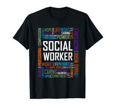 a black t - shirt with the words social worker in different languages on it's chest