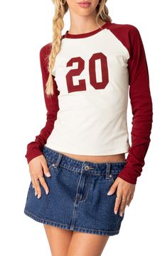 Twenty feels awfully good in this baseball-inspired cotton T-shirt made with sporty raglan sleeves. Crewneck Long sleeves 95% cotton, 5% spandex Machine wash, dry flat Imported Gfx Resources, Long Sleeve Graphic Tees, Long Sleeve Tee Shirt, Ralph Lauren Style, Christian Bible, Long Sleeve Tees Women, Casual Streetwear, Long Sleeve Tee, Sleeve Cotton