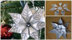 four different ornaments are hanging on the christmas tree and one is made out of silver paper