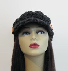 This is made to order. I crocheted this cap with Chunky Black Acrylic Blend Tweed Yarn. This hat is thick and warm! It has a crocheted visor with two buttons. Please choose from the drop down menu your size and color of button. If you would like a different color hat just let me know. Some of the other colors I have are black, black tweed, brown, brown tweed, oatmeal tweed, taupe, gray tweed, charcoal gray, dark purple and white. However, if you want a different color I can get whatever you like Black Crochet Hat, Tweed Crochet, Knit Hat With Brim, Crochet Newsboy Hat, Baby Halloween Outfits, Pumpkin Dress, Tweed Yarn, Crochet Beret, Navy Hats