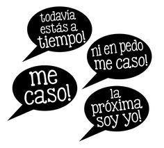 three black and white speech bubbles with the words me caso written in different languages