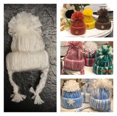 four different knitted hats with pom - poms on top and below them