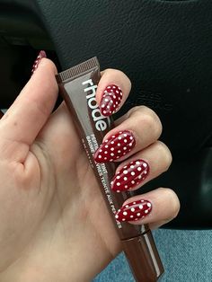 fall nails, polka dot nails, nailinspo #nailinspo #nails #fall #holiday #holidaynailart Polka Nails Dot, Polka Dot Nails Christmas, Winter Polka Dot Nails, Red Nails With White Polka Dots, Simple Polka Dot Nails, Red Nails With White Dots, Red Nails With Polka Dots, Christmas Nails Polka Dots