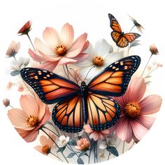 an orange butterfly sitting on top of some pink and white flowers with butterflies flying around it