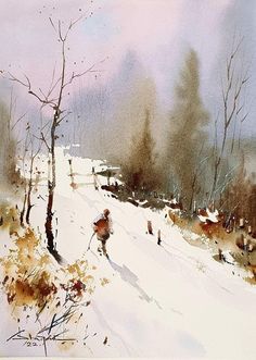 a watercolor painting of people skiing down a snow covered hill in the wintertime