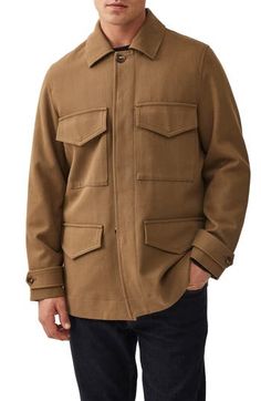 Look like the outdoors adventurer you are in this all-cotton jacket made with tailored details and commodious pockets. Front button closure Spread collar Belted cuffs Chest flap-patch pockets; front flap pockets Back vent Partially lined 100% cotton Dry clean Imported Wool Shacket With Pockets For Fall, Fall Wool Shacket With Pockets, Brown Wool Outerwear With Patch Pockets, Khaki Utility Jacket With Lapel Collar And Welt Pockets, Casual Wool Outerwear With Patch Pockets, Casual Wool Outerwear With Flap Pockets, Khaki Sport Coat With Flap Pockets, Fall Wool Outerwear With Flap Pockets, Khaki Unstructured Utility Jacket With Patch Pockets