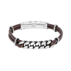 "Add a cool and exciting element to your look with this stainless steel and brown leather bracelet. Add a cool and exciting element to your look with this stainless steel and brown leather bracelet. Length: 8.5 in. Metal: stainless steel Finish: polished Additional details: adjustable design Packaging: pouch Please note, due to the high value of this item, a signature may be required upon delivery. Size: 8.5"". Gender: male. Age Group: adult." Packaging Pouch, Brown Leather Bracelet, Genuine Leather Bracelet, Design Packaging, Bracelet Clasps, Mens Jewelry Bracelet, Silver Pendants, Lynx, Gemstone Bracelets