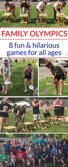 a collage of photos showing people playing games in the grass and on picnic tables