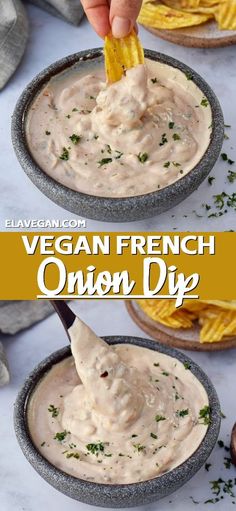 a person dipping some fries into a bowl with ranch dip in it and the words vegan french onion dip on top